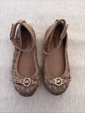 Michael Kors Brown Monogram Ankle-Strap Ballet Flats